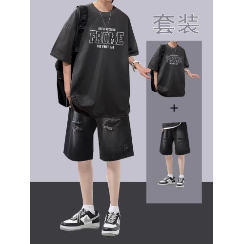 夏季港風純棉短袖帥氣牛仔短褲男t恤潮流寬松男裝一整套套裝搭配