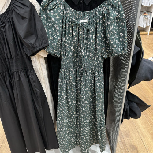 日單女裝泡泡袖印花顯瘦收腰短袖連衣裙24夏季長裙 473076 473075