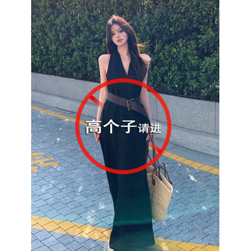 【加長版】高個子170夏季法式氣質V領長裙腰帶顯瘦絕美掛脖連衣裙