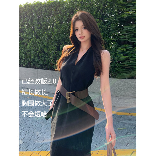 【加長版】高個子170夏季法式氣質V領長裙腰帶顯瘦絕美掛脖連衣裙