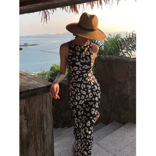 XZOXZO海邊度假風黑色碎花無袖連衣裙女夏季顯身材超好看氣質長裙