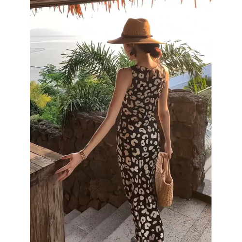XZOXZO海邊度假風黑色碎花無袖連衣裙女夏季顯身材超好看氣質長裙