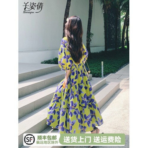 五一出遊穿搭綠色印花連衣裙女夏季2025新款度假風時尚寬松大擺裙