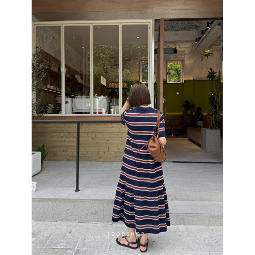 LDOO SHOP 日系45*復古藍染條紋寬松休閒拼接裙擺針織短袖連衣裙