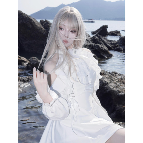 muggle studio 原創 設計秋白色蕾絲長袖露肩綁帶收腰顯瘦連衣裙