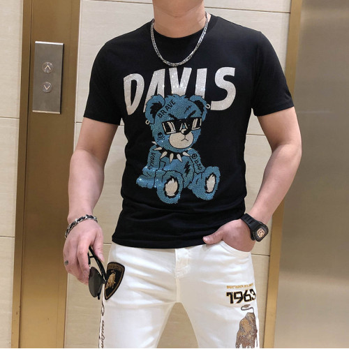 歐貨新款青年男t恤潮牌小熊短袖燙鑽絲光棉帥氣ins百搭薄款上衣潮