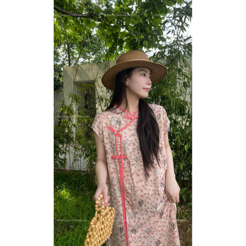 【花系扇子】HL棉綢夏季新中式國風東方寬松顯瘦休閒氣質連衣裙