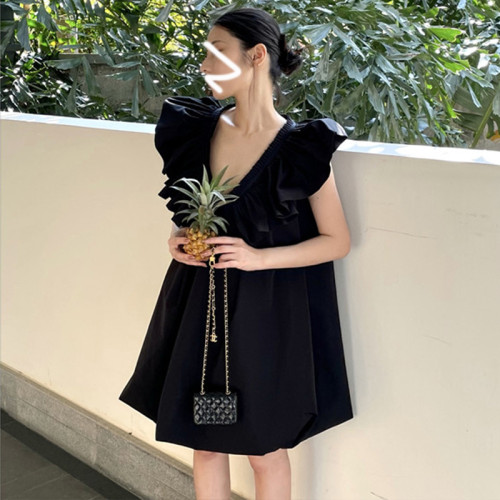 FFmiss◆法式荷葉邊V領寬松花苞連衣裙女夏設計感洋氣氣質娃娃裙