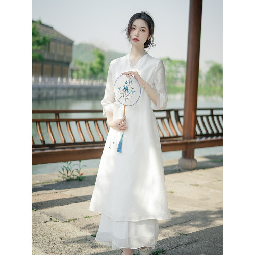 禪意女裝風改良漢服仙氣文藝修身長裙白色新中式茶服連衣裙女 禪意女裝風改良漢服仙氣文藝修身長裙白色新中式茶服連衣裙女