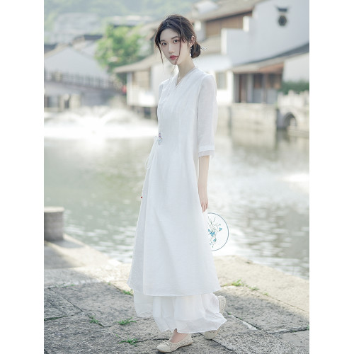 禪意女裝風改良漢服仙氣文藝修身長裙白色新中式茶服連衣裙女 禪意女裝風改良漢服仙氣文藝修身長裙白色新中式茶服連衣裙女