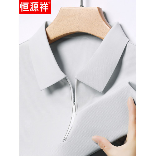 恒源祥高級桑蠶絲短袖男t恤夏季翻領純色polo衫爸爸裝真絲上衣體