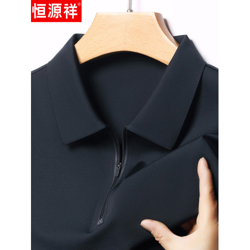 恒源祥高級桑蠶絲短袖男t恤夏季翻領純色polo衫爸爸裝真絲上衣體