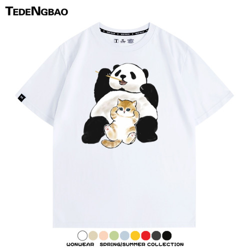 可愛貓咪熊貓印花純棉短袖上衣服卡通夏季情侶裝青少年半袖男t恤