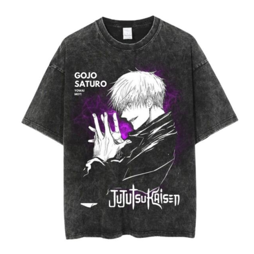 Jujutsu Kaisen Gojo Satoru男T恤復古水洗做舊純棉上衣原宿街頭