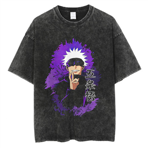 Jujutsu Kaisen Gojo Satoru男T恤復古水洗做舊純棉上衣原宿街頭