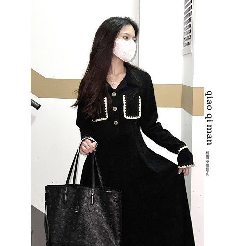 春秋裝女2023年新款桔梗茶歇法式黑色連衣裙氣質顯瘦長袖穿搭裙子