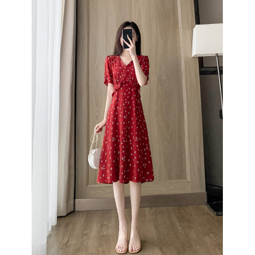 小個子紅色法式雪紡碎花連衣裙女2025新款夏季氣質v領收腰a字裙子