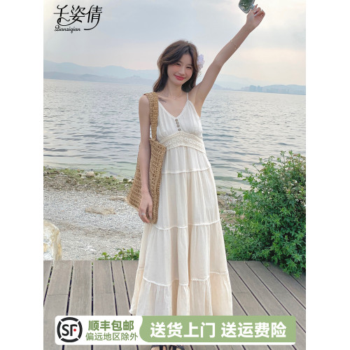 法式溫柔風吊帶連衣裙女2025夏季新款氣質絕美海邊度假超仙沙灘裙
