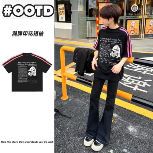 拼接三條桿純棉重磅高街t恤vintage人像印花重磅短袖男T恤半袖衫