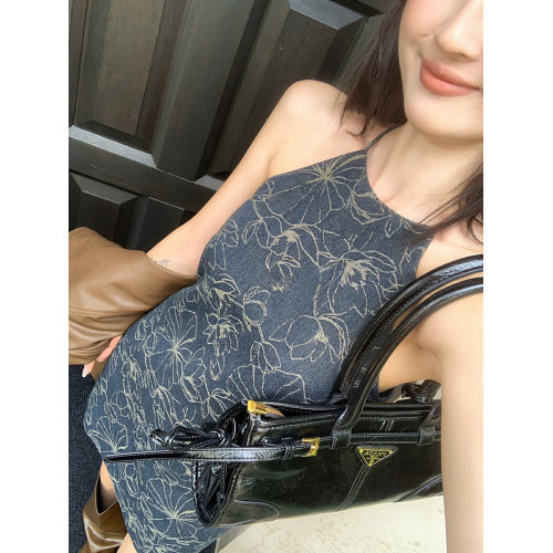 無袖掛脖吊帶連衣裙女早春小個子碎花牛仔裙短裙內搭打底裙女春秋