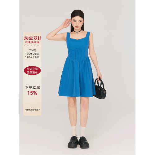 吊帶連衣裙女夏2025新款大碼胖mm藍色收腰巨顯瘦a字小個子吊帶裙