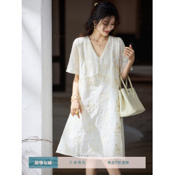 素木洋氣刺綉釘珠白色連衣裙女2025年夏季歐洲站大碼女裝新款裙子