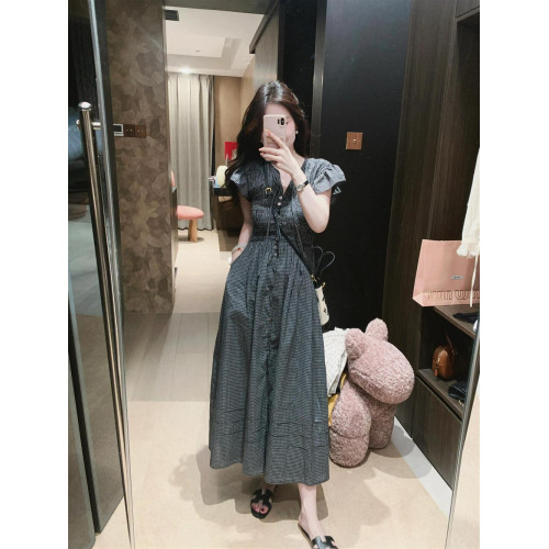 法式復古黑白格紋系帶泡泡袖連衣裙女夏季氣質收腰顯瘦設計感長裙