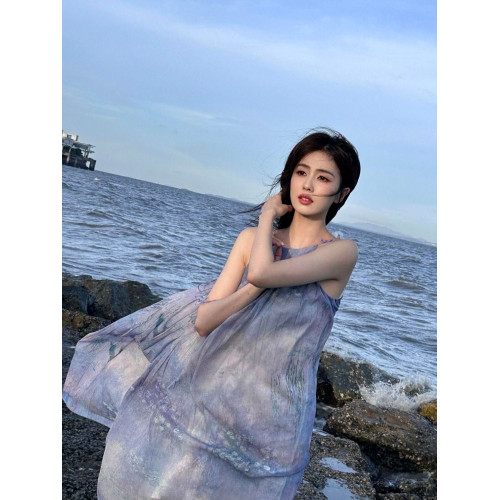 白鹿明星同款紫色海邊度假風吊帶連衣裙寬松慵懶風花朵綁帶長裙女