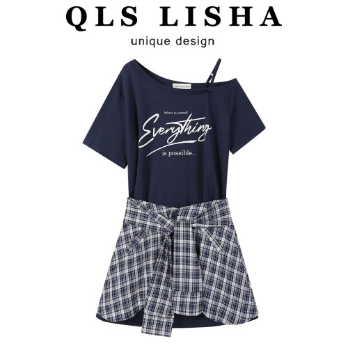 巧麗莎獨特超好看裙子兩件套美式斜肩吊帶拼接連衣裙女裝夏季套裝