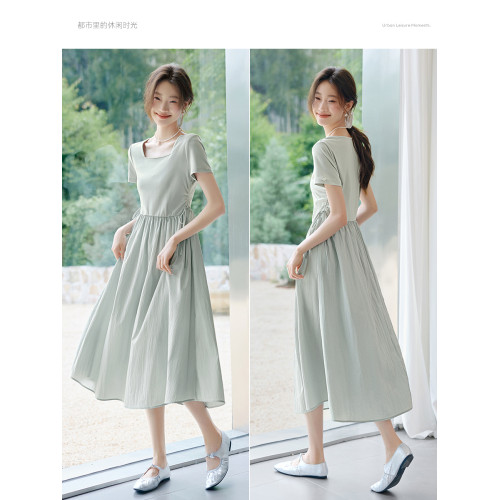 沫晗依美清新優雅長裙2025夏季新款大方領設計抽繩腰部收腰連衣裙