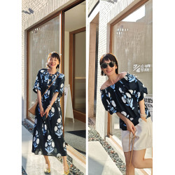 輕城蘇小糖|法式復古植物印染連衣裙女夏季寬鬆泡泡短袖印花長裙