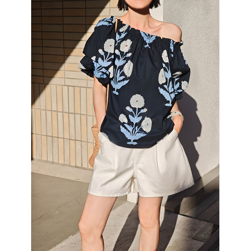 輕城蘇小糖|法式復古植物印染連衣裙女夏季寬鬆泡泡短袖印花長裙