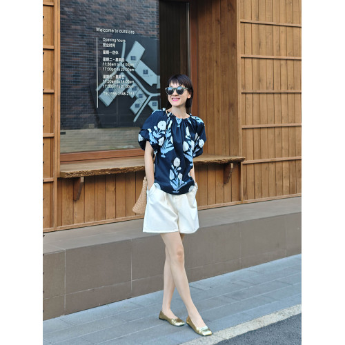 輕城蘇小糖|法式復古植物印染連衣裙女夏季寬鬆泡泡短袖印花長裙