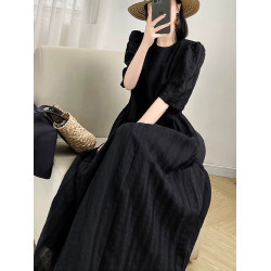 大碼法式長款氣質黑色連衣裙女2025新款顯瘦胖mm夏季長裙子到腳踝