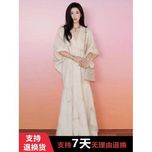 硃珠同款新中式v領雙層紗印花連衣裙女寬松顯瘦復古氣質度假長裙