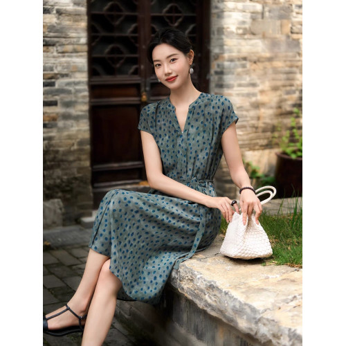 國際大牌聲瑪施2025夏新款真絲連衣裙女氣質輕薄收腰桑蠶絲中長裙