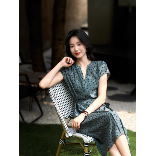 國際大牌聲瑪施2025夏新款真絲連衣裙女氣質輕薄收腰桑蠶絲中長裙
