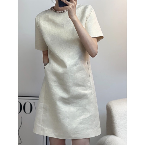 LKLMAKEO 高級感時尚顯瘦短袖90%亞麻金線裙女2025夏季新款連衣裙