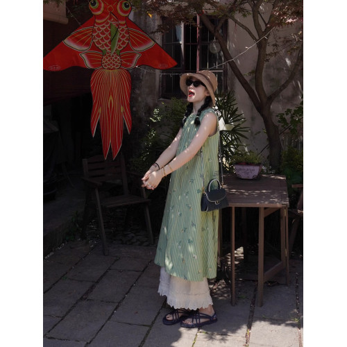 PAROCETIN  原創慵懶條紋碎花出片無袖連衣裙旅行條紋連衣裙