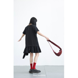 Slow Steaming“野趣2.0”原創設計感短袖寬松黑色系帶顯瘦連衣裙