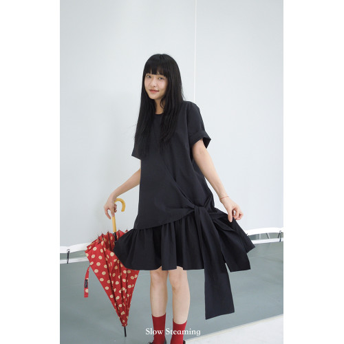 Slow Steaming“野趣2.0”原創設計感短袖寬松黑色系帶顯瘦連衣裙