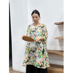 夏季苧麻印花風連衣裙女寬松氣質落肩中長款復古文藝斜襟日常