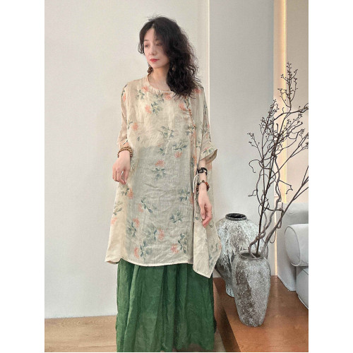 夏季苧麻印花風連衣裙女寬松氣質落肩中長款復古文藝斜襟日常