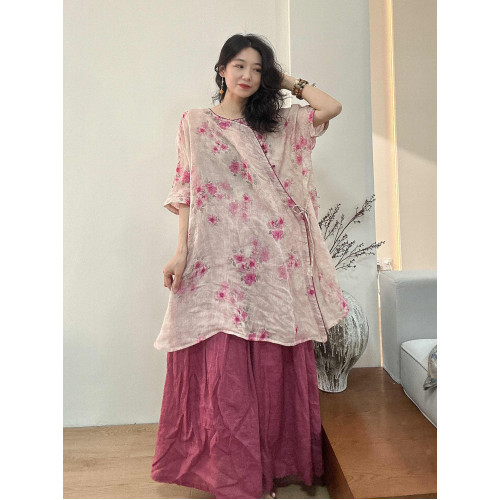 夏季苧麻印花風連衣裙女寬松氣質落肩中長款復古文藝斜襟日常