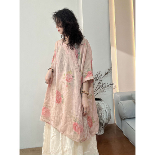 夏季苧麻印花風連衣裙女寬松氣質落肩中長款復古文藝斜襟日常