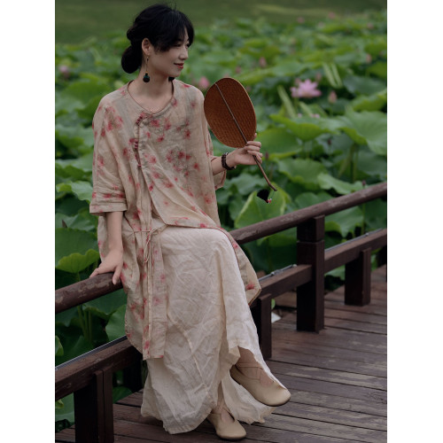 夏季苧麻印花風連衣裙女寬松氣質落肩中長款復古文藝斜襟日常