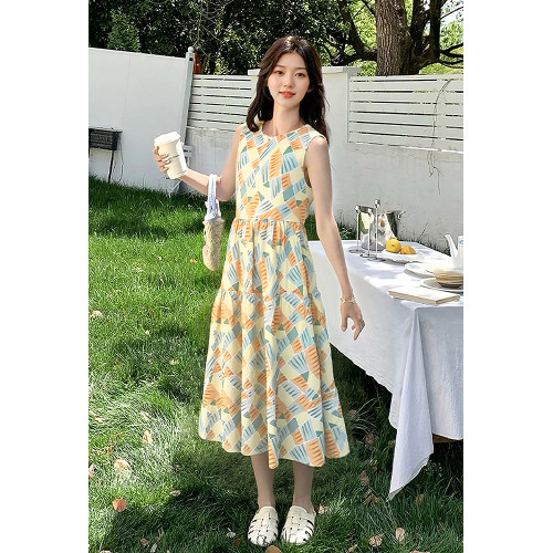 飛鳥和新酒中長款寬松無袖連衣裙2025夏季新款純棉碎花休閒長裙