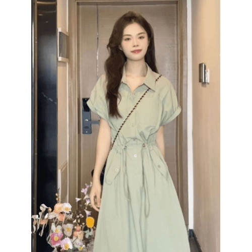 OPMY法式綠色連衣裙女夏季2025新款奢侈高級大牌氣質工裝襯衫長裙