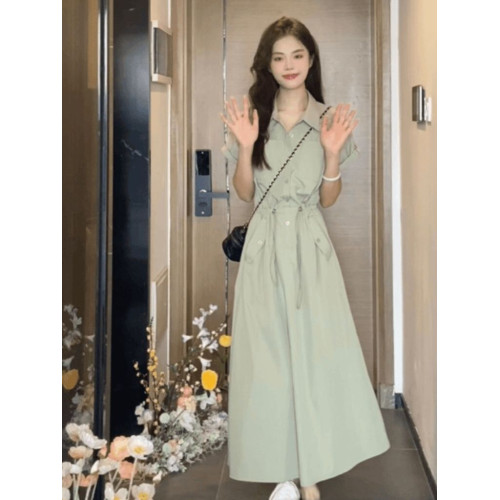 OPMY法式綠色連衣裙女夏季2025新款奢侈高級大牌氣質工裝襯衫長裙