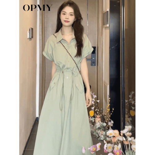 OPMY法式綠色連衣裙女夏季2025新款奢侈高級大牌氣質工裝襯衫長裙